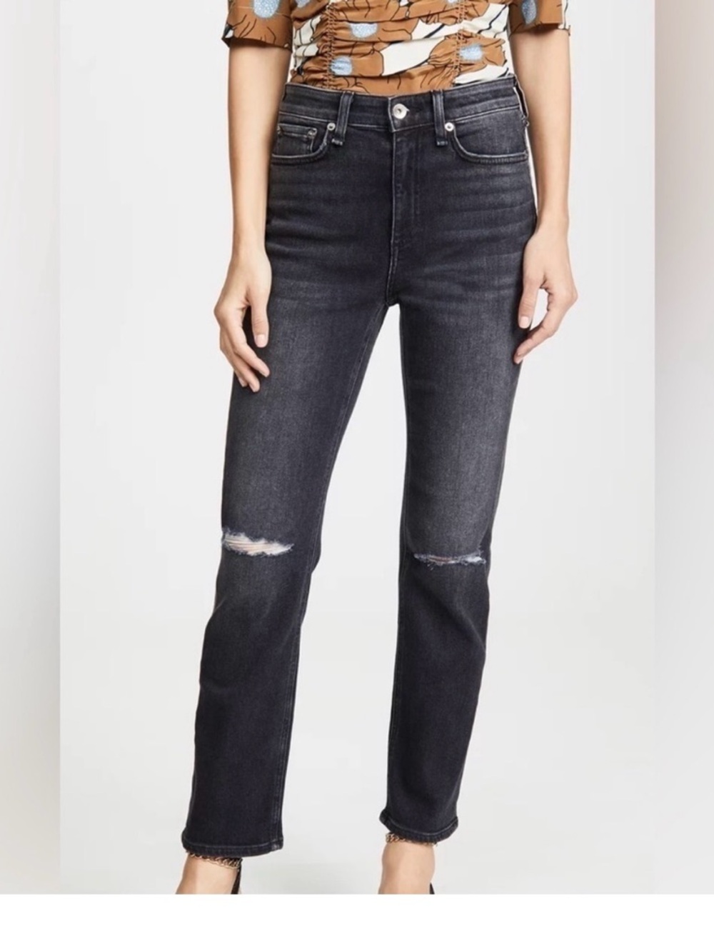 rag & bone Black Washed High-Rise Straight Jeans with Knee Distress